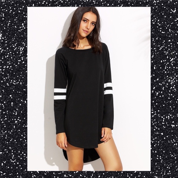 🤶BLACK AND WHITE STRIPED DIP HEM TEE DRESS SZ M🤶 - Picture 6 of 7